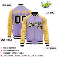 Light Purple Yellow Raglan Full-Zip Varsity Letterman Baseball Jacket 4