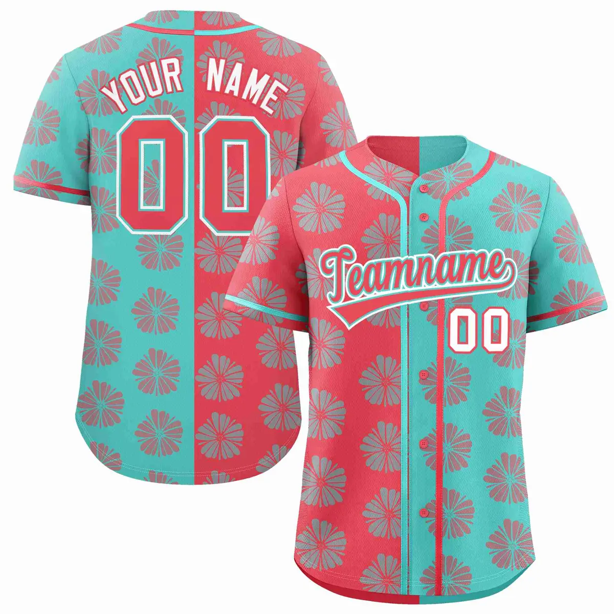 Light Red Aqua Split Flower Graffiti Baseball Jersey