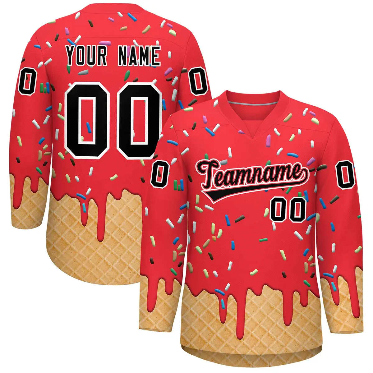 Light Red Black Ice Cream Pattern V-Neck Hockey Jersey