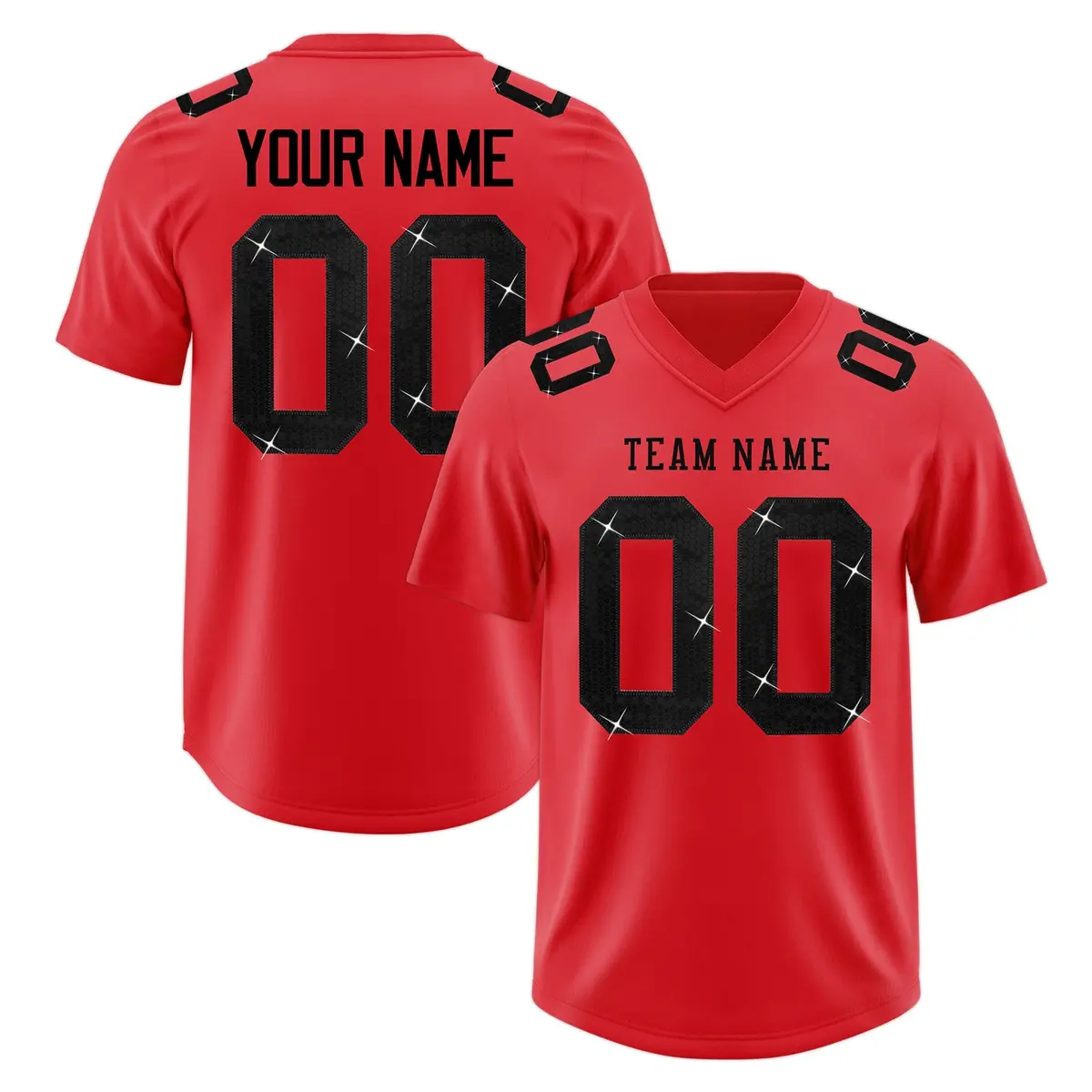 Light Red Black Sequin Lettering Stretch Football Jersey