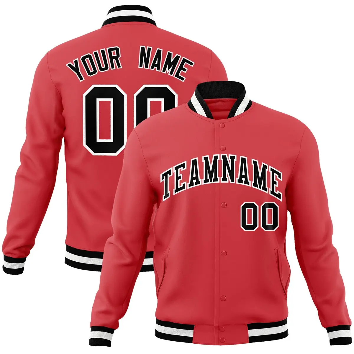 Light Red Black-White Raglan Varsity Full-Snap Letterman Jacket