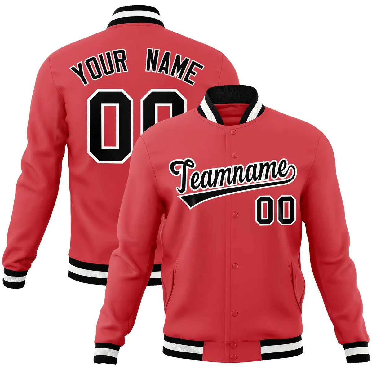 Light Red Black-White Varsity Full-Snap Letterman Jacket