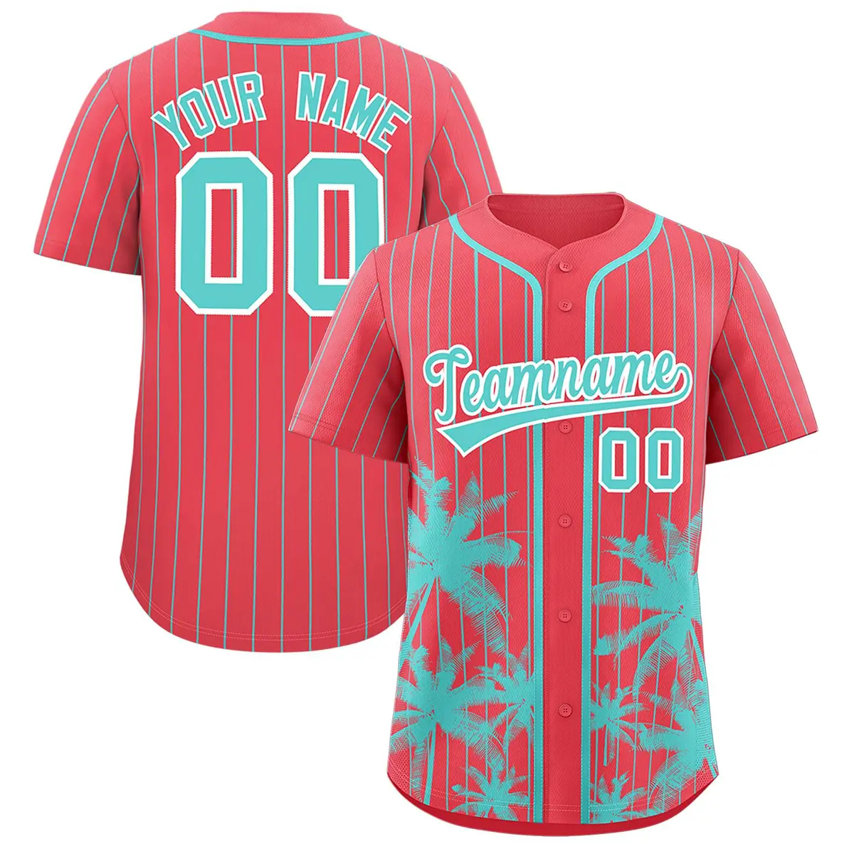 Light Red Bright Green Coconut Tree Pinstripe Baseball Jersey