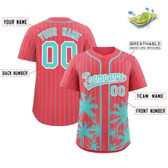Light Red Bright Green Coconut Tree Pinstripe Baseball Jersey 2