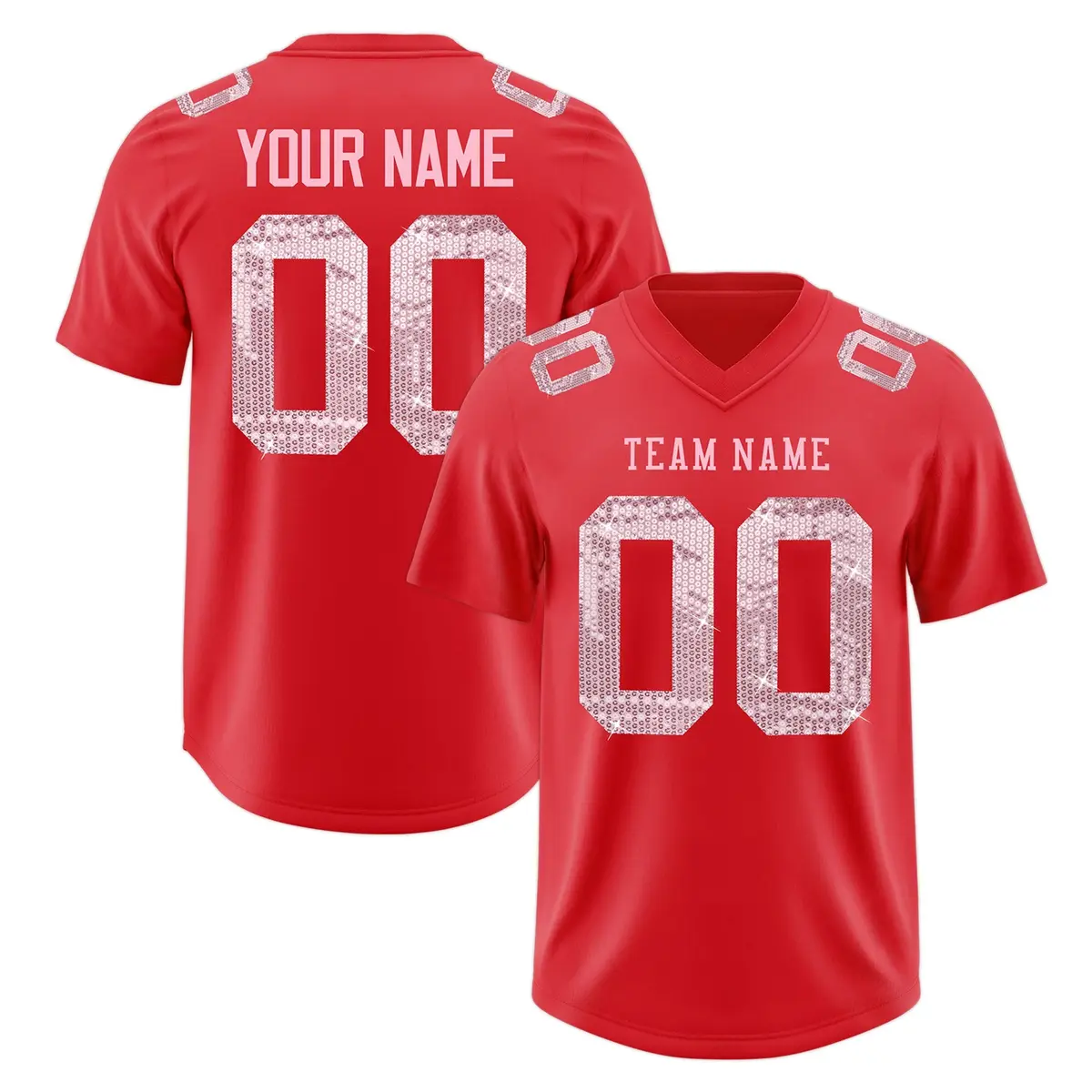 Light Red Light Pink Sequin Lettering Football Jersey