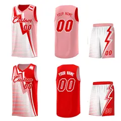 Light Red Light Pink White Gradient Lightning Stripe Reversible Basketball Jersey 2