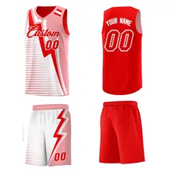 Light Red Light Pink White Gradient Lightning Stripe Reversible Basketball Jersey 5
