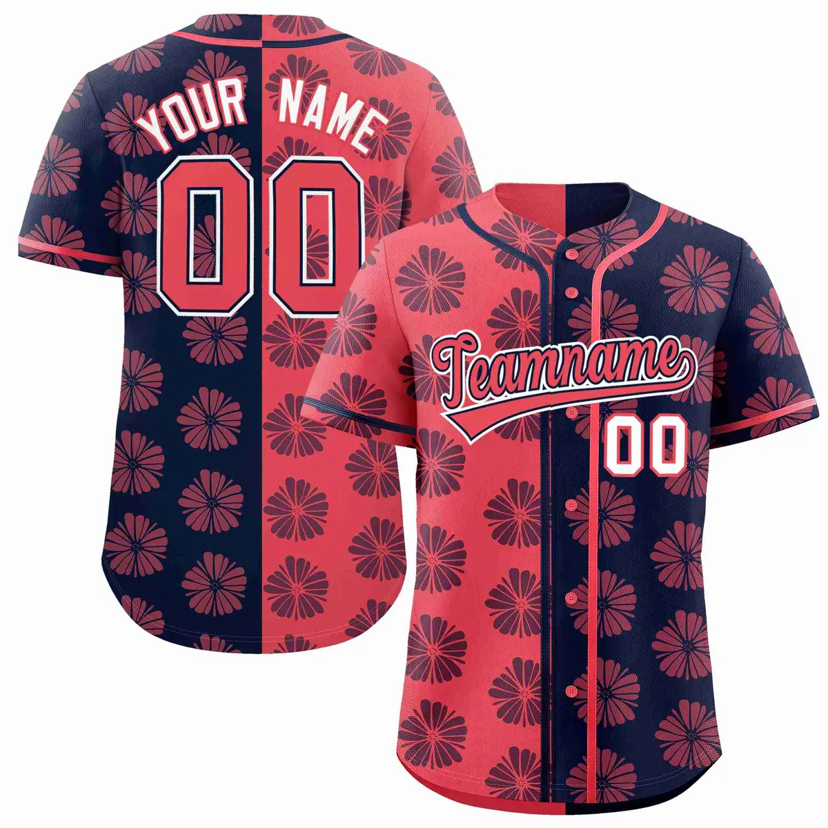 Light Red Navy Split Flower Graffiti Baseball Jersey