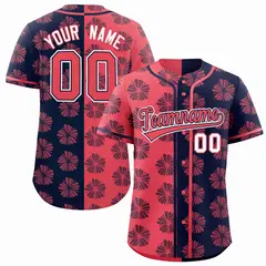 Light Red Navy Split Flower Graffiti Baseball Jersey 1