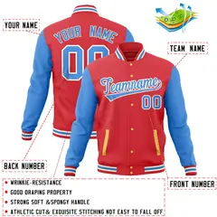 Light Red Powder Blue Varsity Raglan Sleeves Letterman Baseball Jacket 4