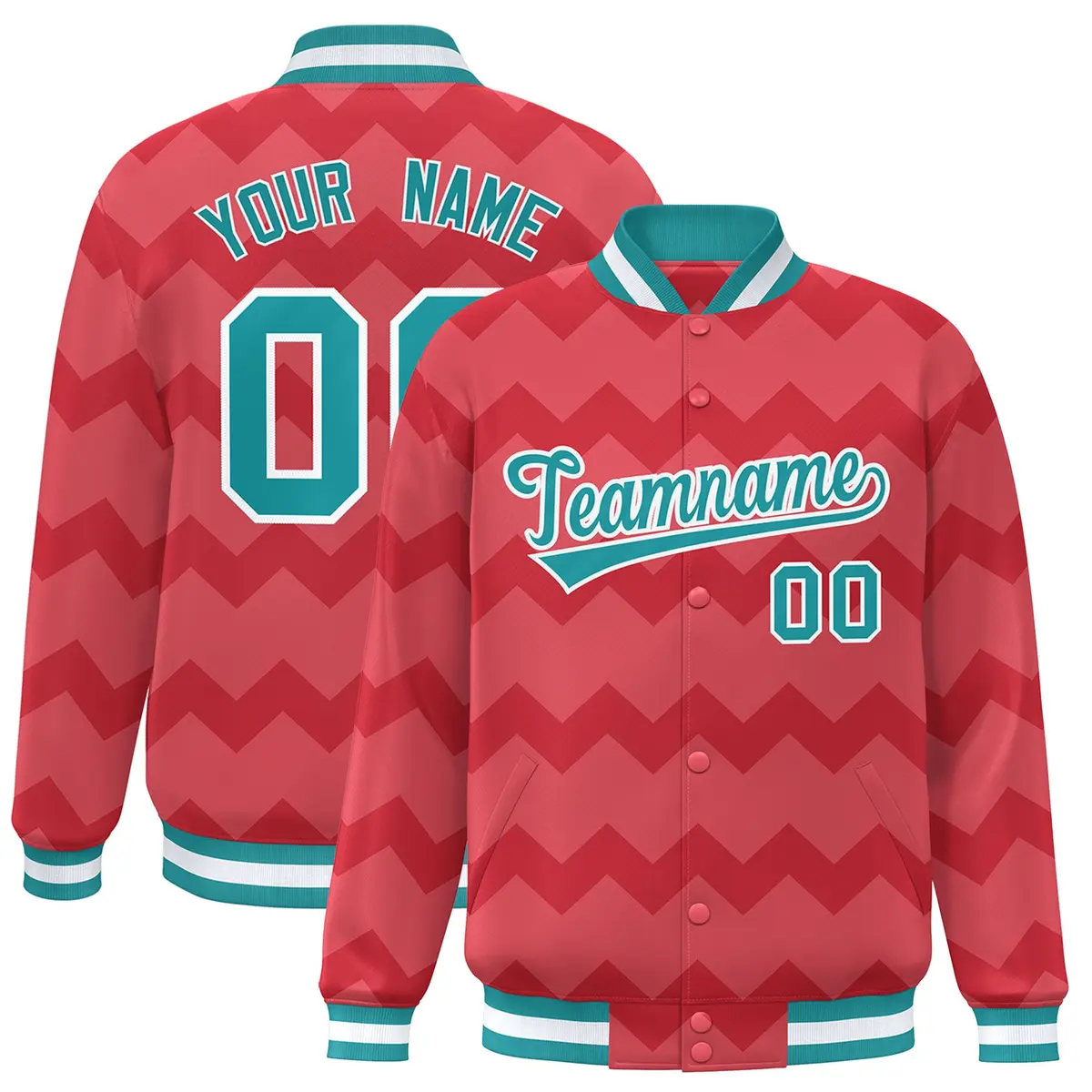 Light Red Ripple Color Block Full-Snap Varsity Letterman Jacket