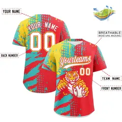 Light Red Teal Gold Full-Snap Tiger Graffiti Baseball Jersey 2