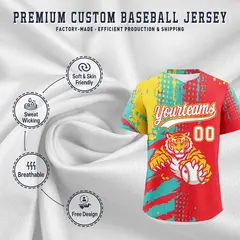 Light Red Teal Gold Full-Snap Tiger Graffiti Baseball Jersey 3
