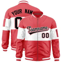 Light Red White Color Block Varsity Letterman Bomber Jacket