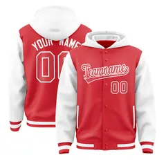 Light Red White Raglan Full-Snap Varsity Letterman Two Tone Jacket Hoodie