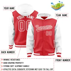 Light Red White Raglan Full-Snap Varsity Letterman Two Tone Jacket Hoodie 4