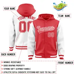 Light Red White Raglan Full-Snap Varsity Letterman Two Tone Jacket Hoodie 4