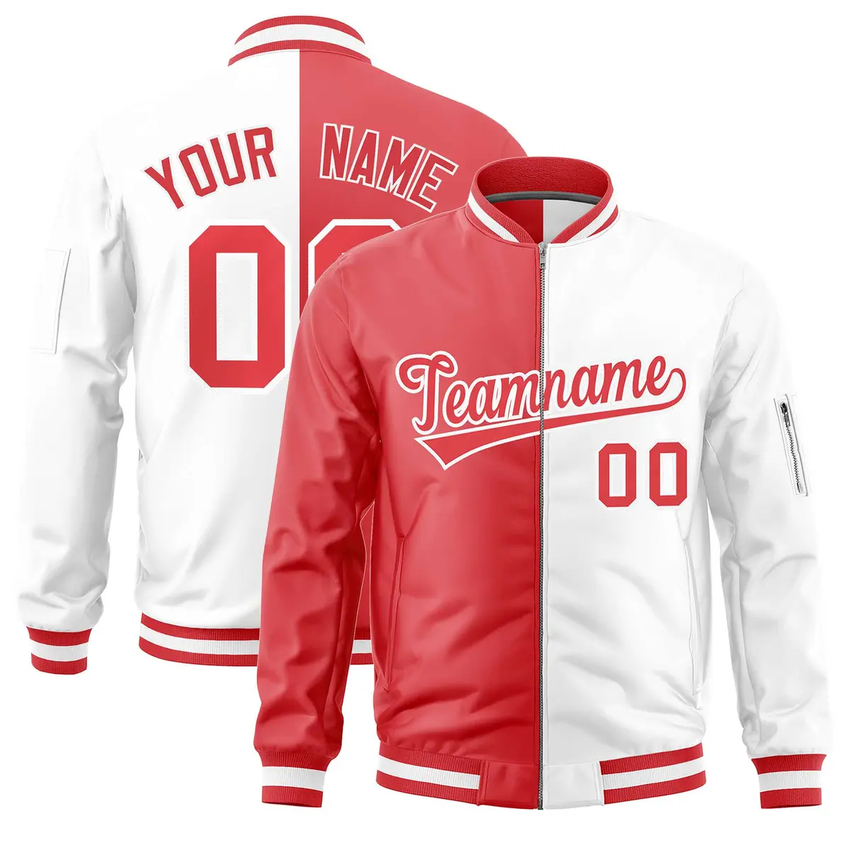 Light Red White Varsity Full-Zip Letterman Bomber Jacket