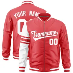 Light Red White Varsity Full-Zip Raglan Stripe Letterman Bomber Jacket 1