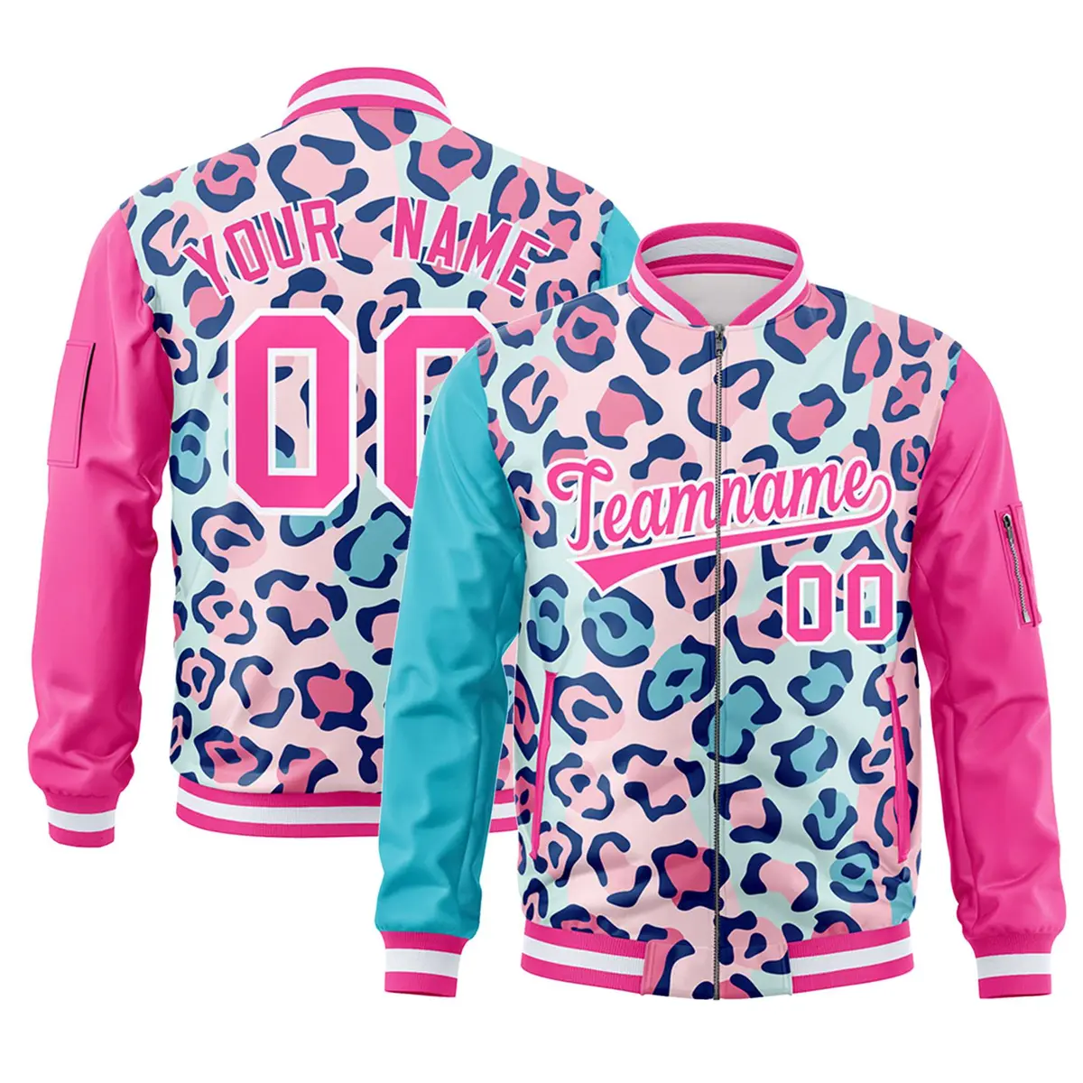 Lt Blue Pink-White Graffiti Full-Zip Letterman Bomber Jacket