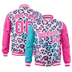 Lt Blue Pink-White Graffiti Full-Zip Letterman Bomber Jacket