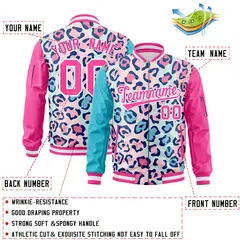Lt Blue Pink-White Graffiti Full-Zip Letterman Bomber Jacket 2