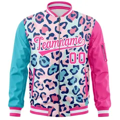 Lt Blue Pink-White Graffiti Full-Zip Letterman Bomber Jacket 3