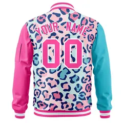 Lt Blue Pink-White Graffiti Full-Zip Letterman Bomber Jacket 4