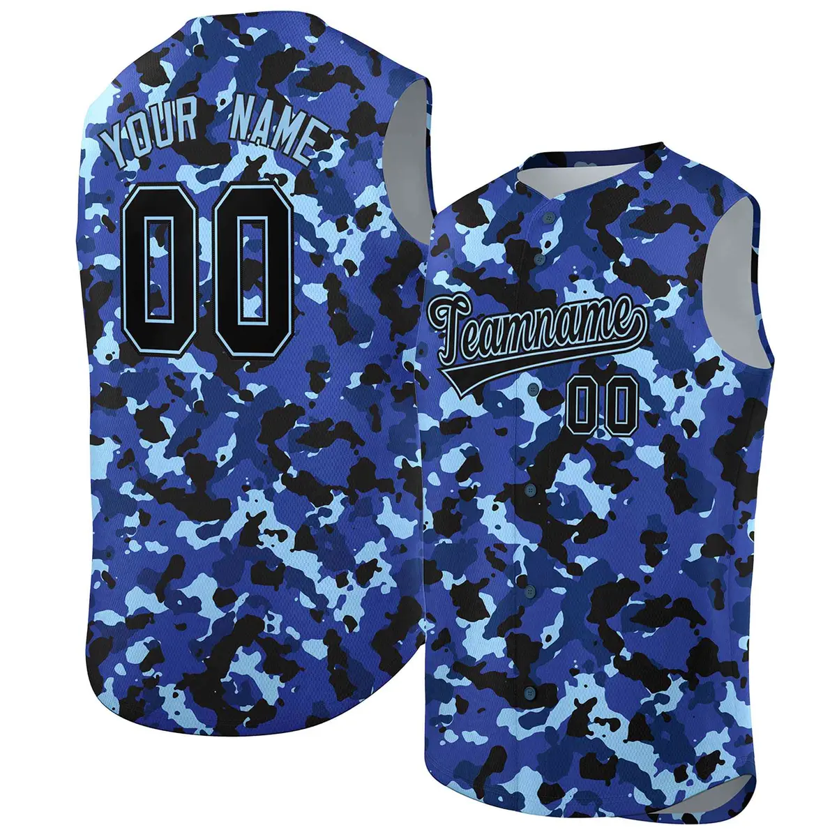 Lt Blue Royal-Black Camo Sleeveless Baseball Jersey