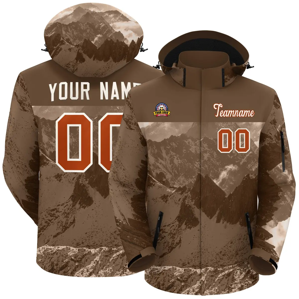 Lt Brown Texas Orange Snow Mountain Graffiti Hooded Waterproof Jacket