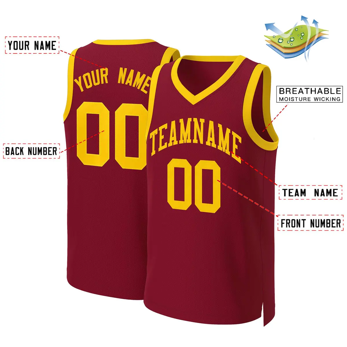 Maroon Yellow Classic Team Basketball Jersey