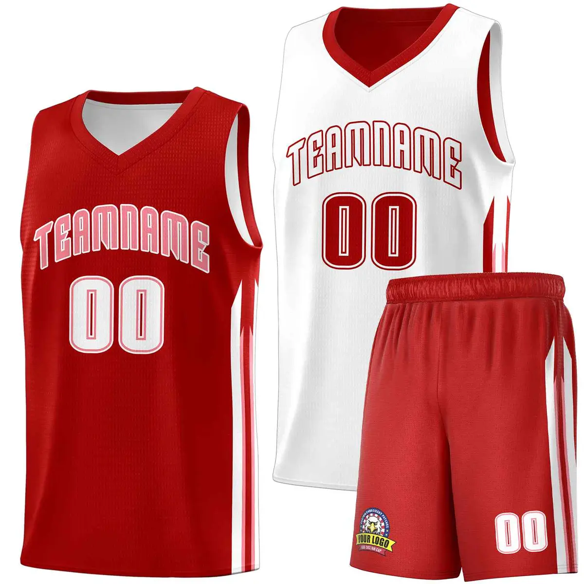 Men's Red White Double Side Basketball Jersey Set