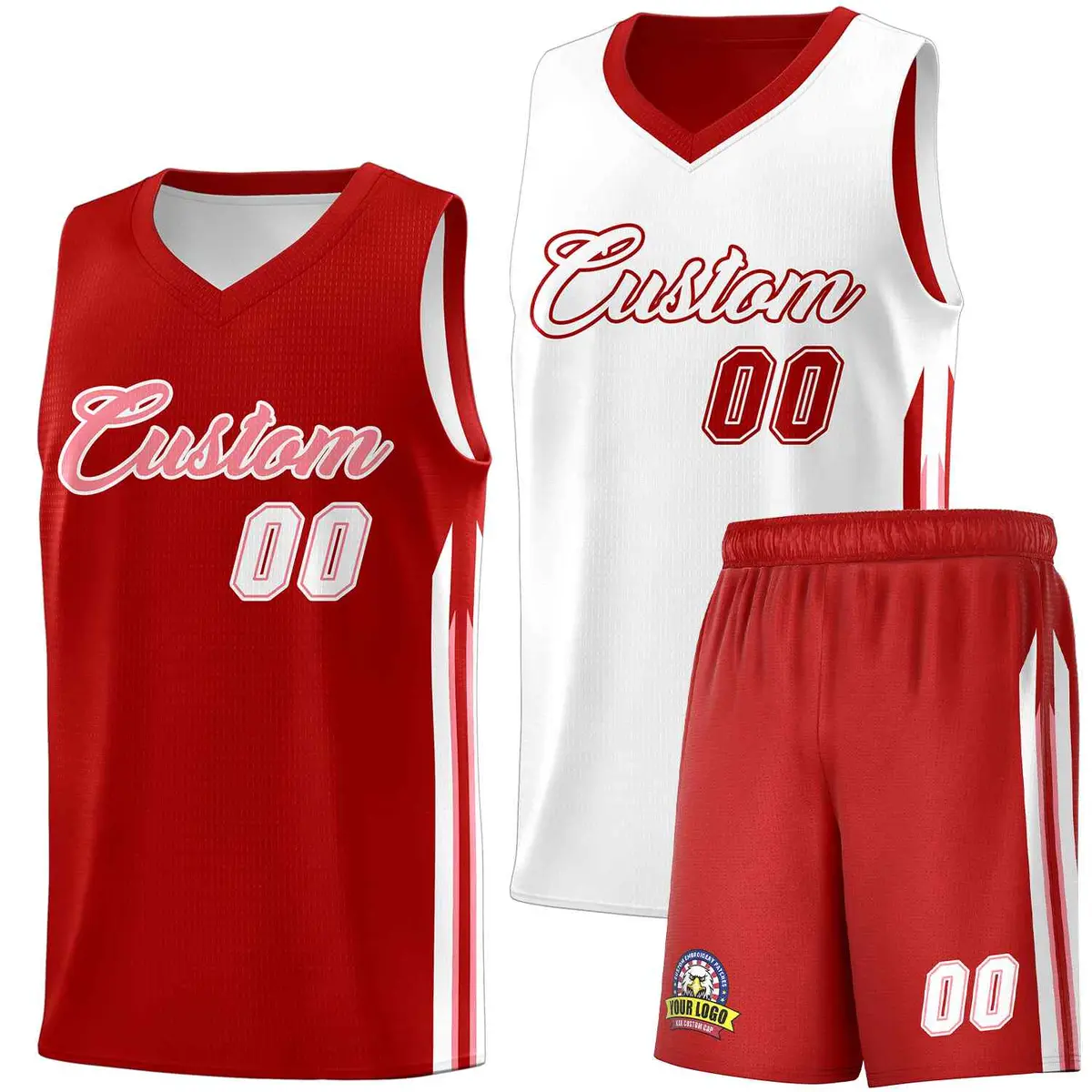 Men's Red White-Pink Double Side Basketball Jersey Set