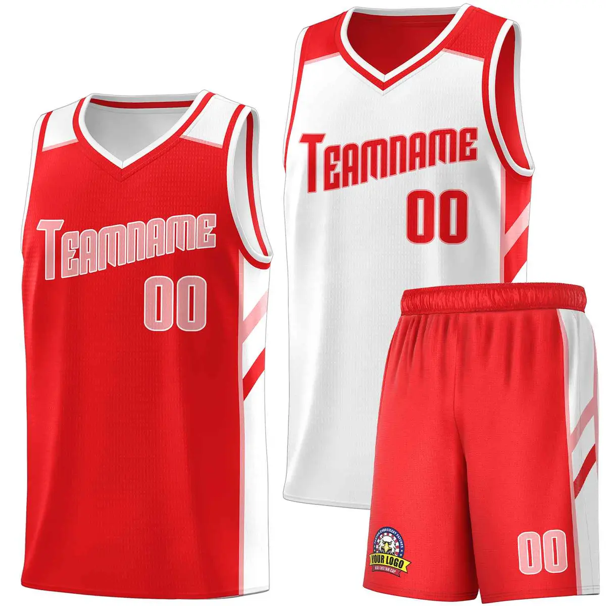 Men's Red White-Pink Double Side Basketball Jersey Set