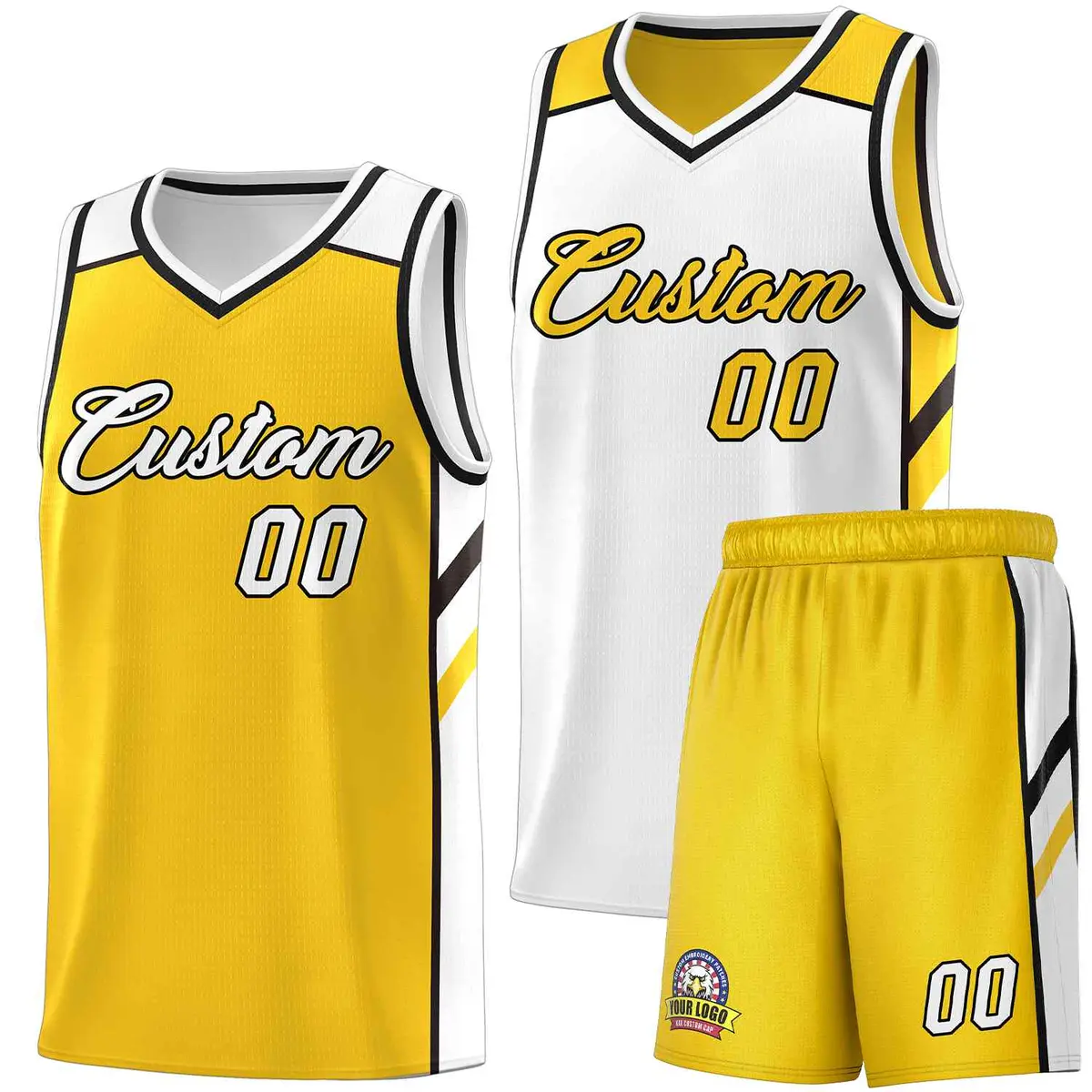 Men's Yellow White Double Side Basketball Jersey Set