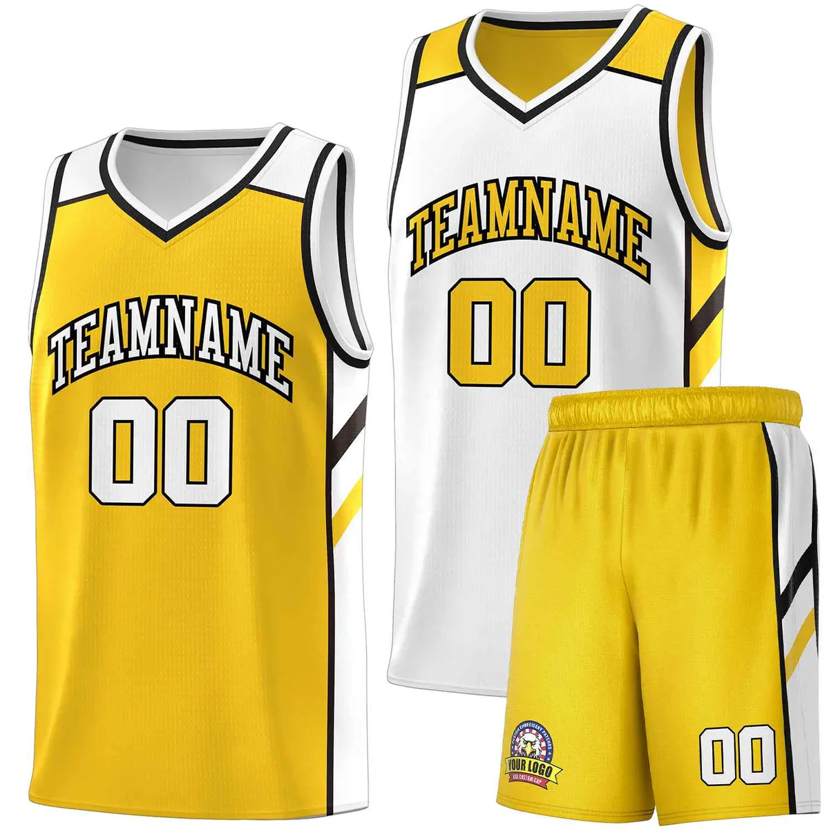 Men's Yellow White Double Side Basketball Jersey Set