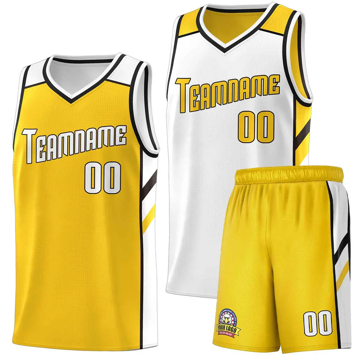 Men's Yellow White Double Side Basketball Jersey Set