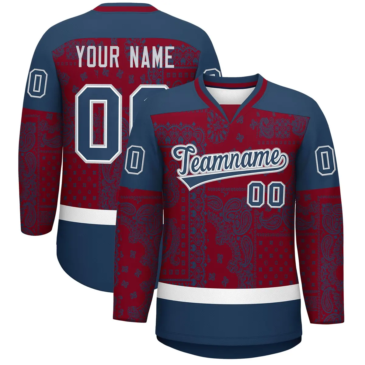 Midnight Blue Crimson White Cashew Flower Graffiti V-Neck Hockey Jersey