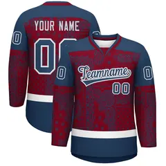 Midnight Blue Crimson White Cashew Flower Graffiti V-Neck Hockey Jersey