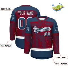 Midnight Blue Crimson White Cashew Flower Graffiti V-Neck Hockey Jersey 2