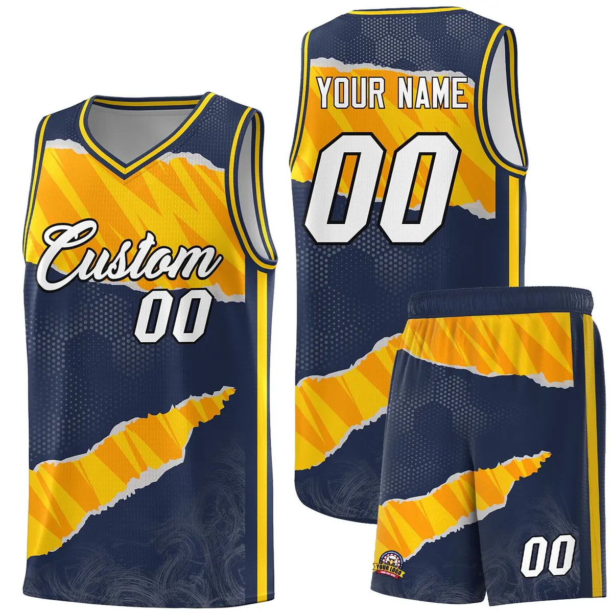 Midnight Blue Gold-Orange Tear Graffiti Basketball Jersey