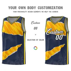 Midnight Blue Gold-Orange Tear Graffiti Basketball Jersey 3