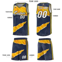 Midnight Blue Gold-Orange Tear Graffiti Basketball Jersey 5