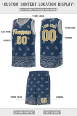 Midnight Blue Gray Cashew Pattern Team Basketball Jersey 33