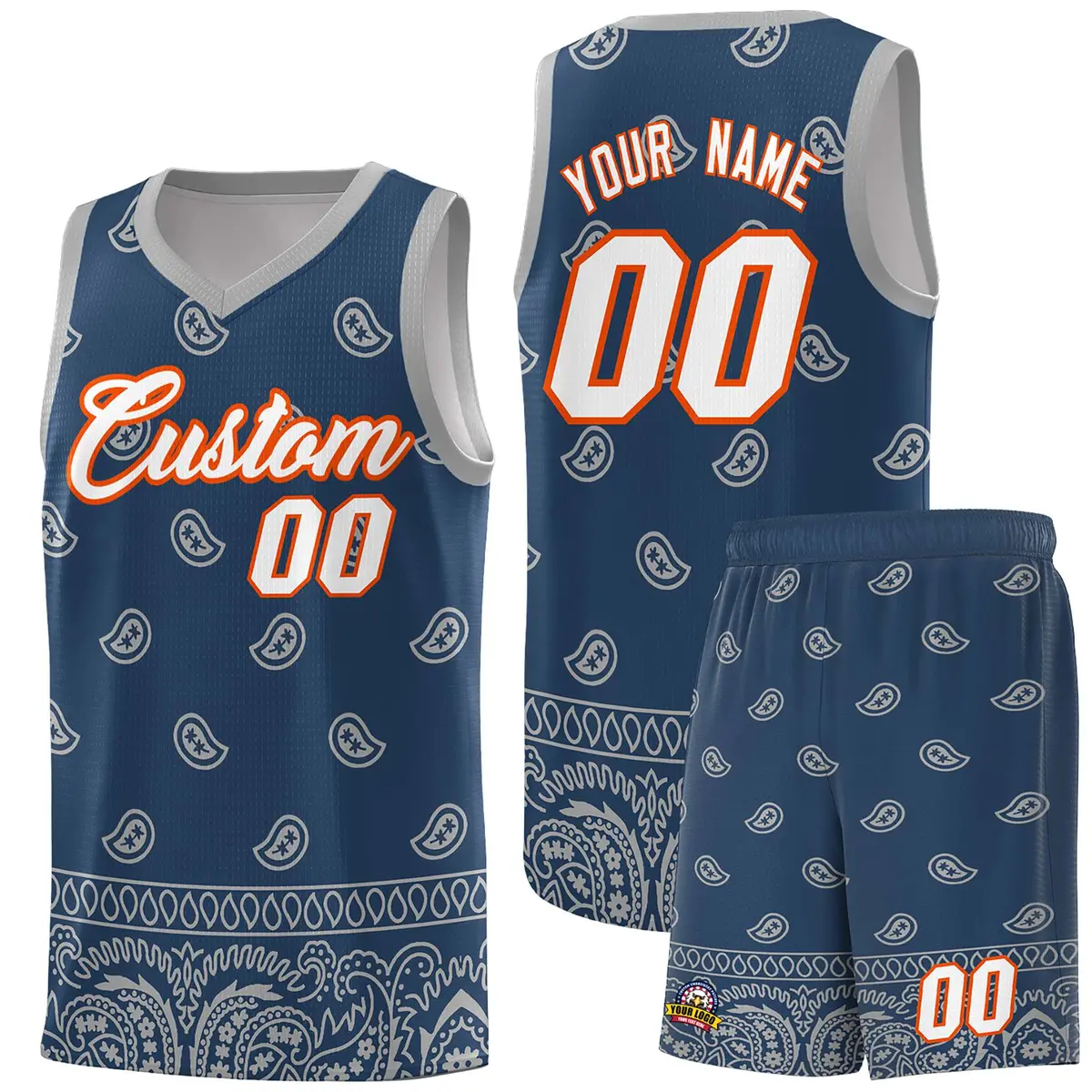 Midnight Blue Gray Cashew Pattern Team Basketball Jersey
