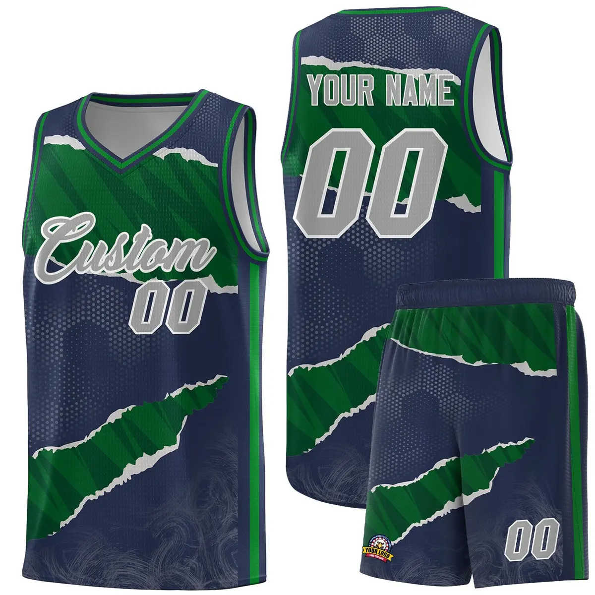 Midnight Blue Kelly Green-Hunter Green Tear Graffiti Basketball Jersey