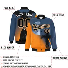 Midnight Blue Orange Black Halloween Skeleton Graffiti Varsity Jacket 2