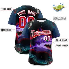 Midnight Blue Red White Shark Graffiti Baseball Jersey 2