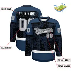 Midnight Blue White Black Cashew Flower Graffiti V-Neck Hockey Jersey 2