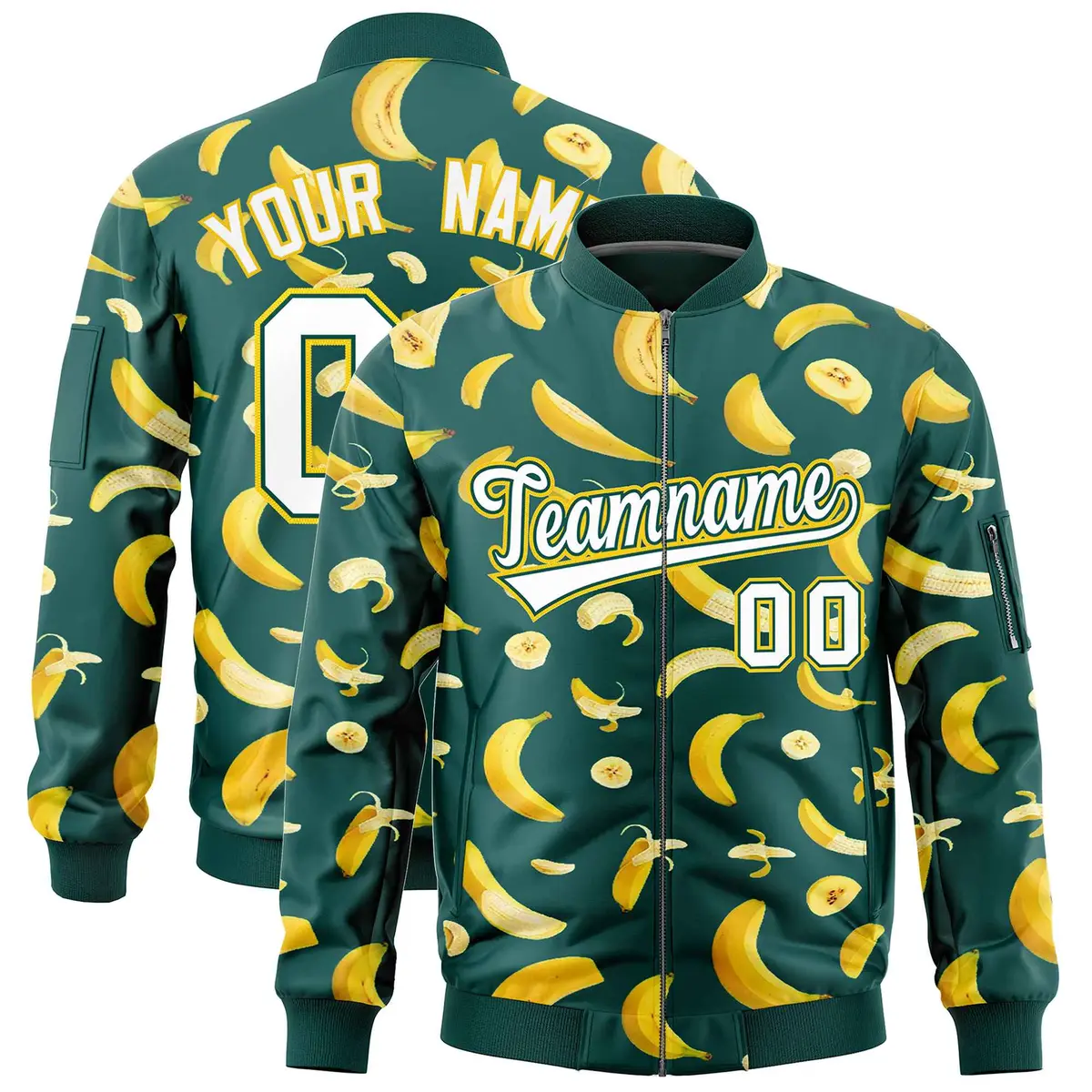 Midnight Green Banana Pattern Varsity Letterman Bomber Jacket